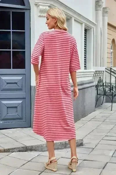 Lovelet Contrast Striped Half Sleeve Midi Tee Dress - Femstylo