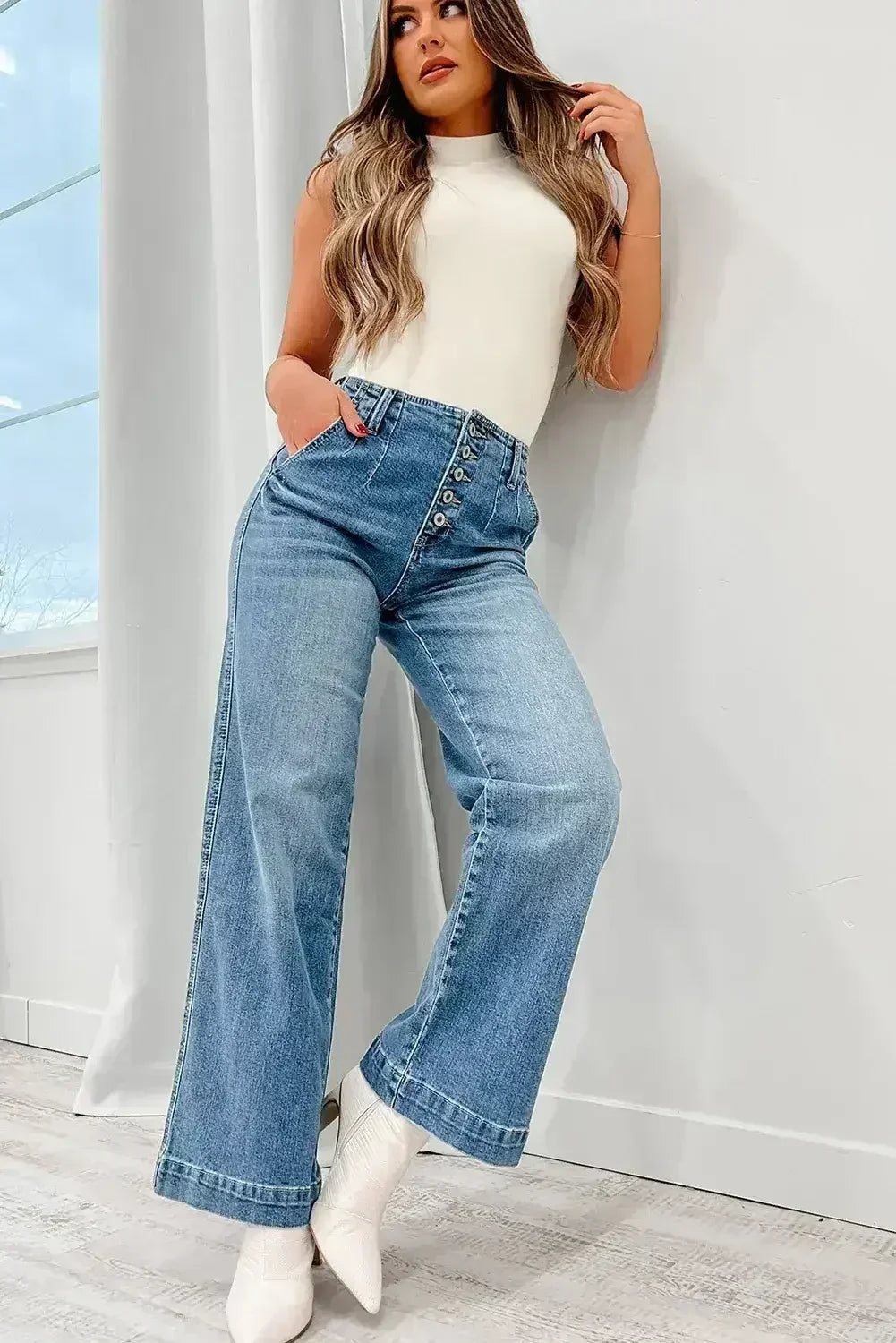 Dusk Blue Multi Button Waist Wash Straight Leg Jeans - Femstylo