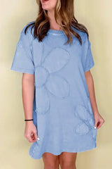 Sky Blue Mineral Wash Flower Patchwork Mini T Shirt Dress - Femstylo