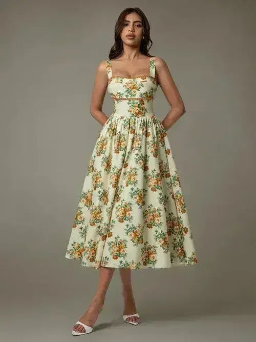 Lace Trim Floral Sleeveless Midi Dress - Femstylo