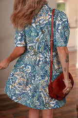 Blue Bohemian Paisley Floral V Neck Puff Sleeve Mini Dress - Femstylo