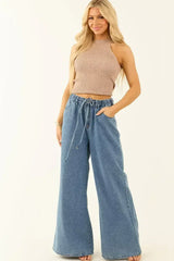 Dusk Blue Medium Wash Drawstring Waist Wide Leg Jeans - Femstylo