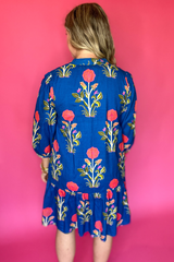 Blue Floral Print Button Front 3/4 Puff Sleeve Ruffle Hem Dress