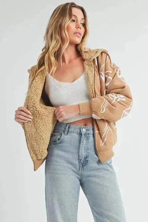Floral Sherpa Hoodie - Zip-Up Fleece Jacket with Pockets