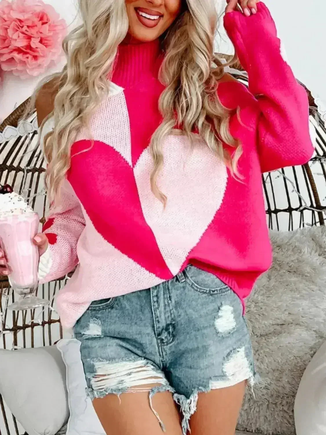 Valentine's Day Heart Turtleneck Cold Shoulder Sweater - Femstylo