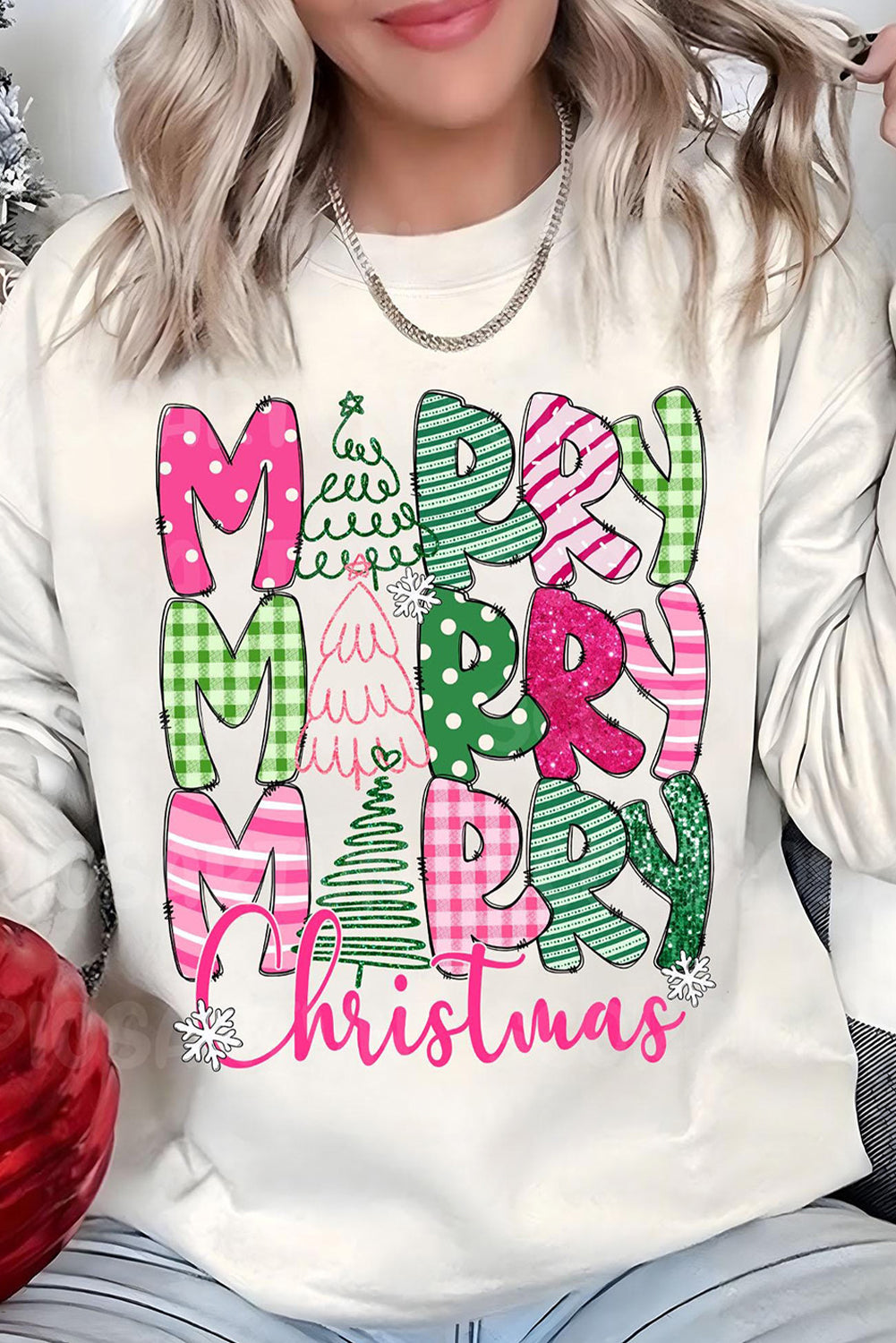 Beige MERRY Christmas Heat Transfer Printing Drop Shoulder Pullover Sweatshirt
