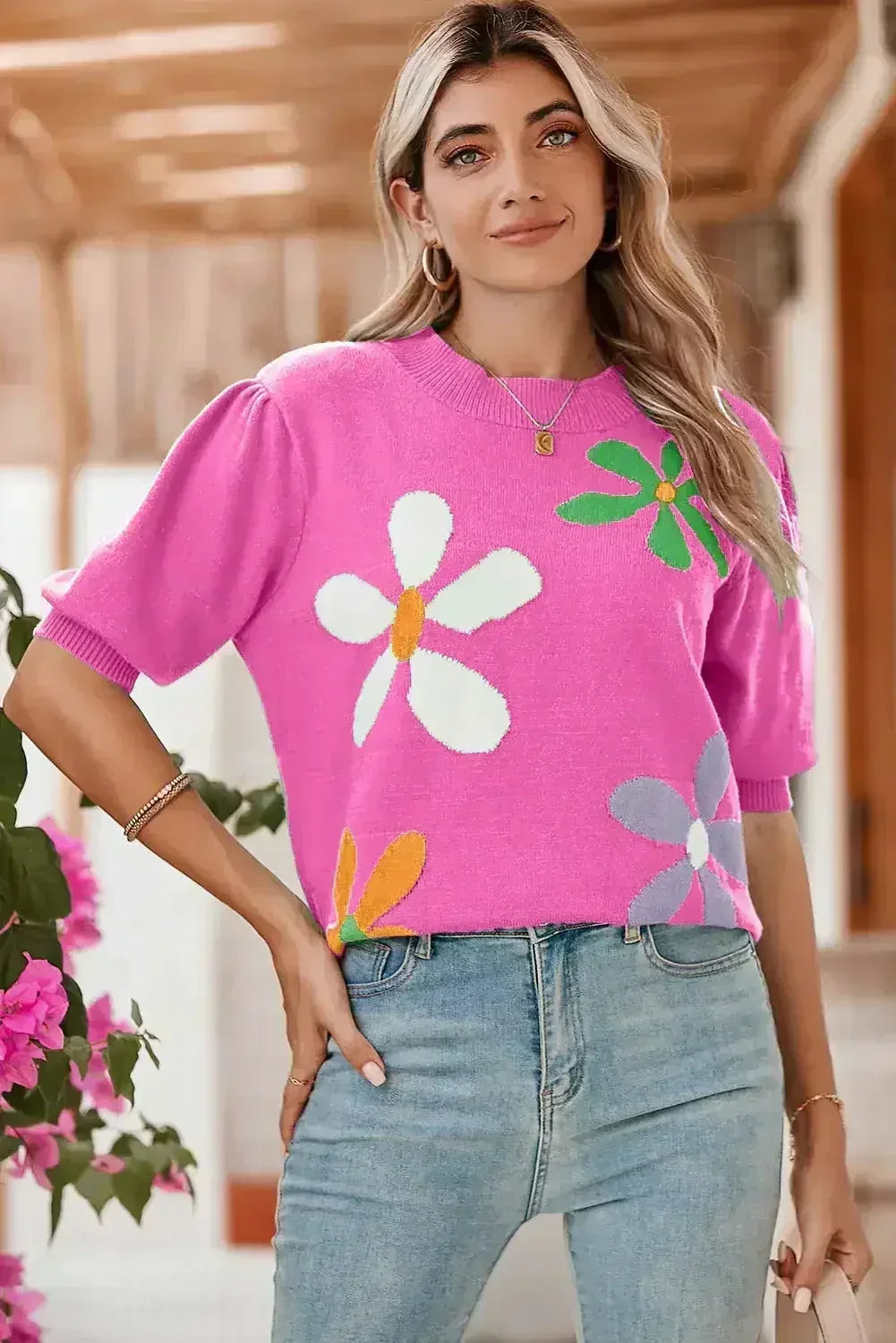 Bright Green 60s Floral Bubble Short Sleeve Knitted Top - Femstylo