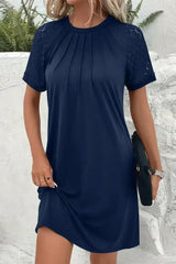 Navy Blue Contrast Lace Raglan Sleeve Pleated Mini Dress - Femstylo