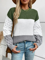 Color Block Round Neck Long Sleeve Sweater - Femstylo