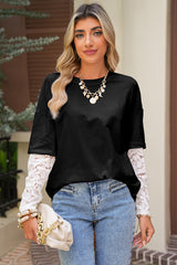 Black Fake Two-Piece Lace Long Sleeve Drop Shoulder Tee