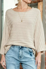 Apricot Solid Color Ribbed Knit 3/4 Sleeve Pullover Sweater - Femstylo