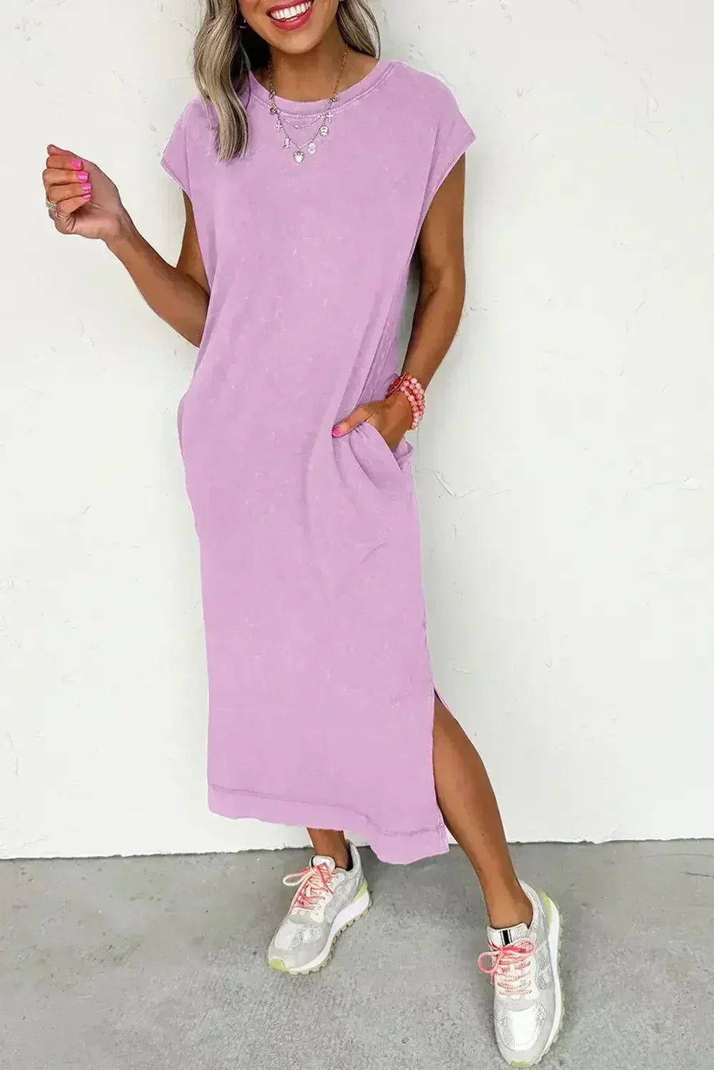 Carrot Mineral Wash Pocketed T-shirt Dress - Femstylo