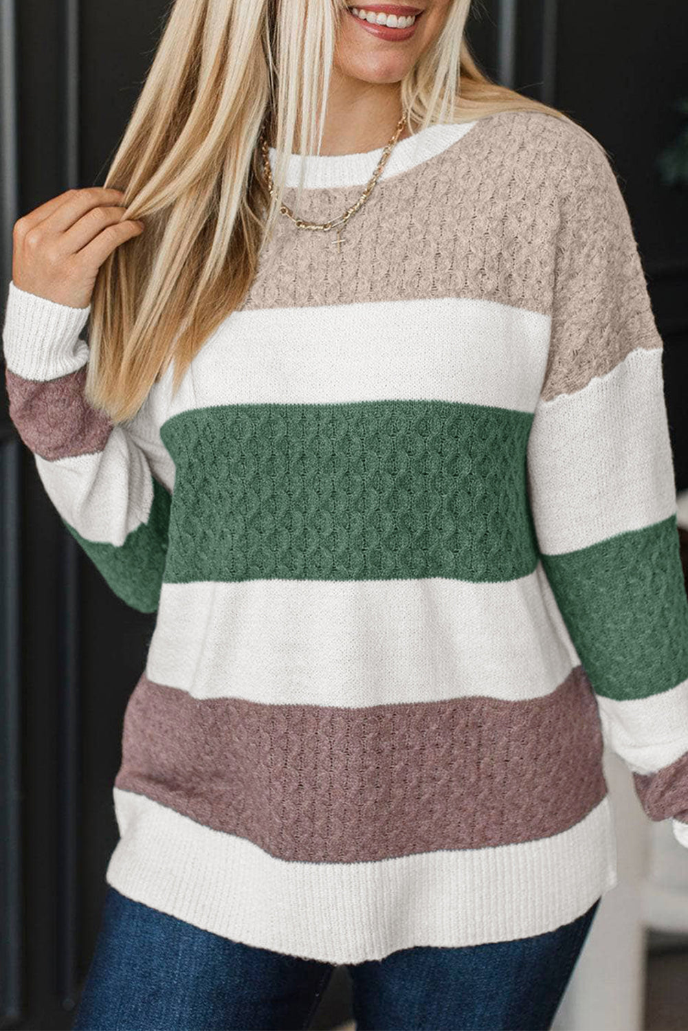 Green Mixed Texture Knit Striped Color Block Loose Sweater