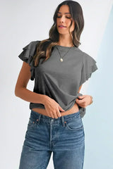Dark Grey Ruffle Sleeve Plain Blouse | Femstylo - Femstylo