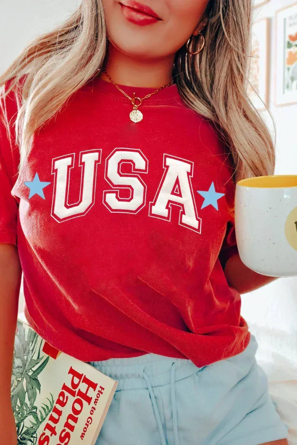 Red Star USA Print Crewneck T Shirt