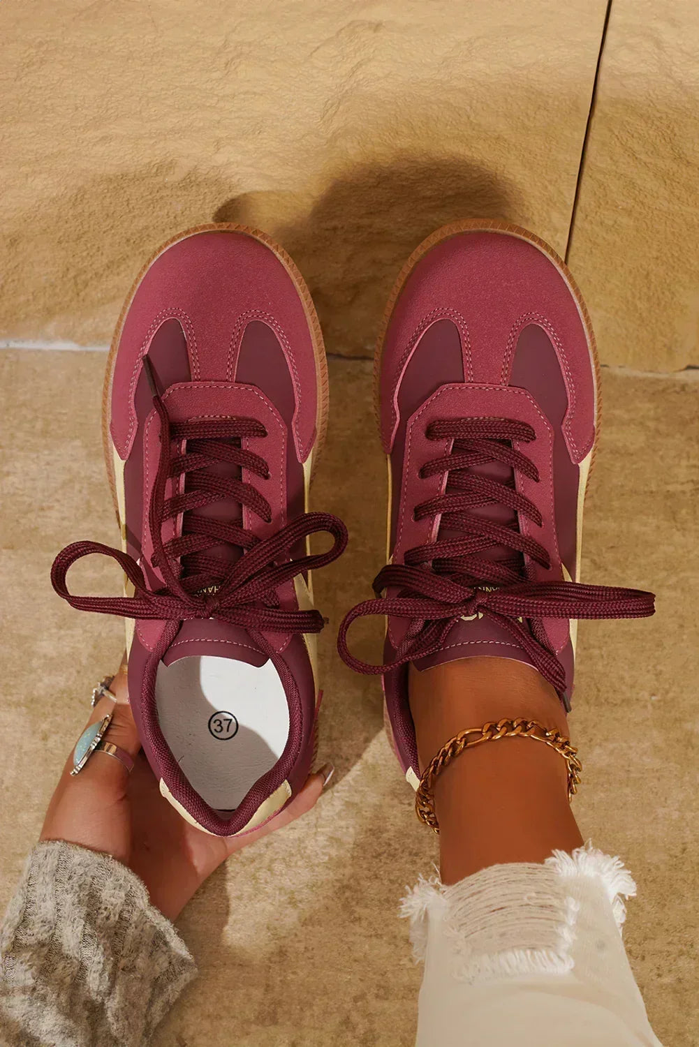 Red Colorblock Sneakers - PU Leather Lace-Ups - Cushioned Vegan Shoes