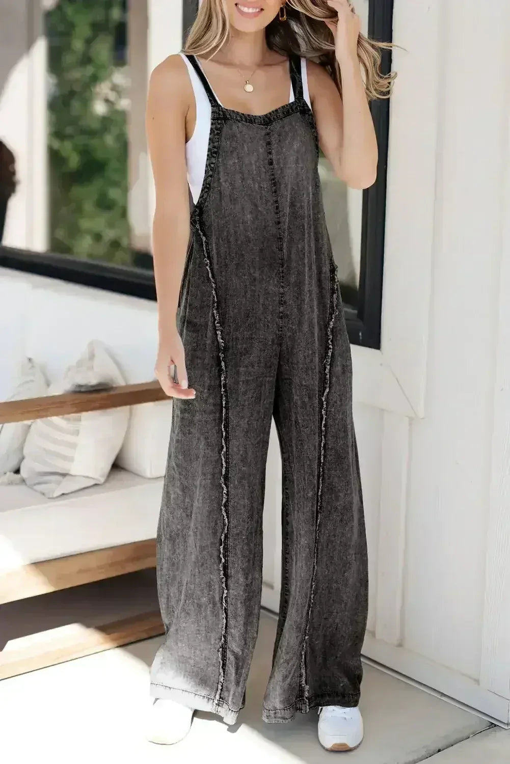 Blue Light Wash Frayed Exposed Seam Wide Leg Denim Overalls - Femstylo
