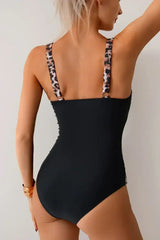 Black Color Block Leopard Print Strap One Piece Swimsuit - Femstylo
