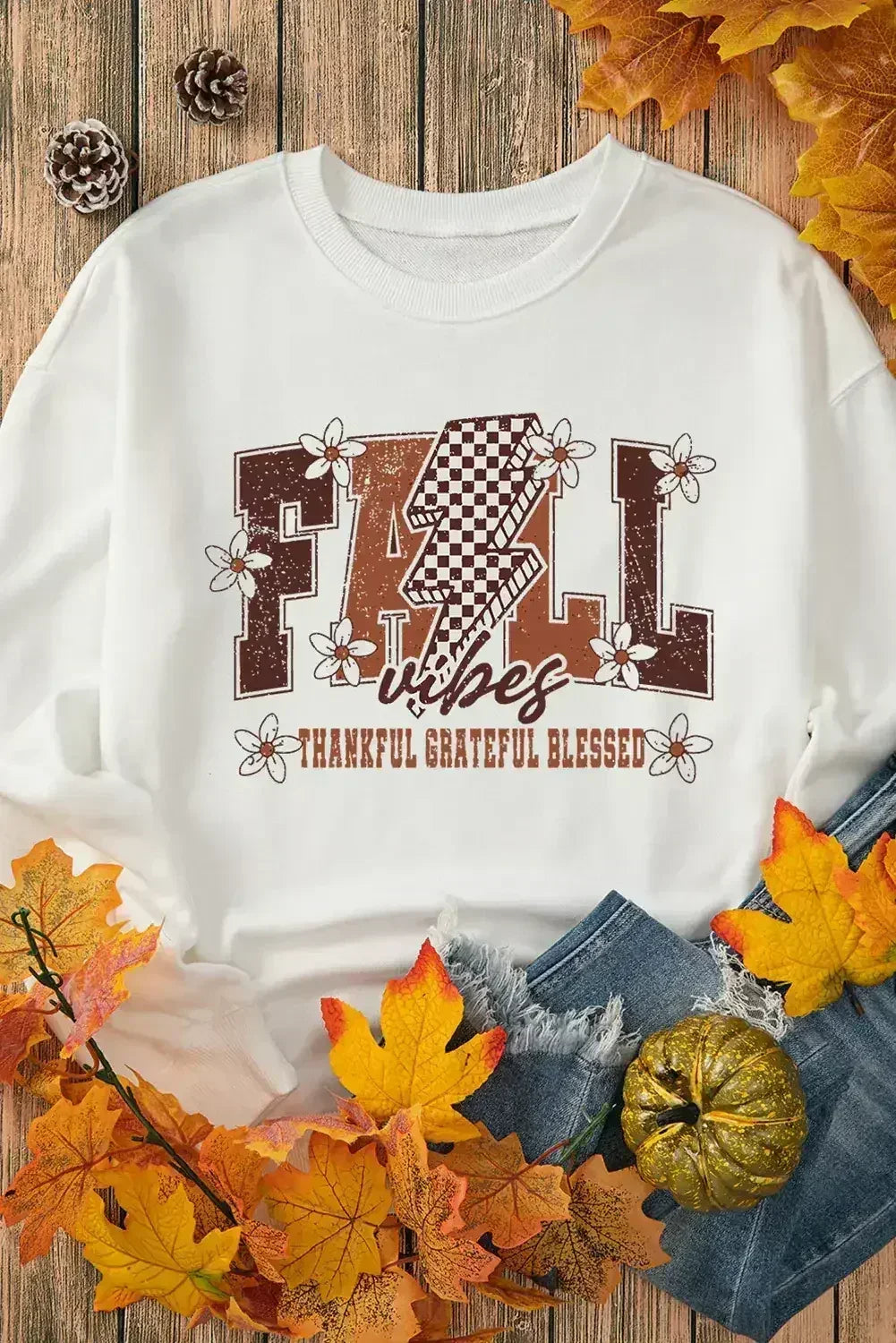 White FALL THANKFUL GRATEFUL BLESSED Graphic Drop Shoulder Sweatshirt - Femstylo