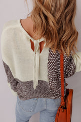 Dark Khaki Colorblock Back Tie Drop Shoulder Loose Sweater