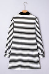 White Stripe Buttoned Front Collared Long Sleeve T Shirt Dress with Pockets