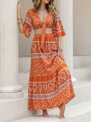 Printed Plunge Half Sleeve Top and Skirt Set - Femstylo