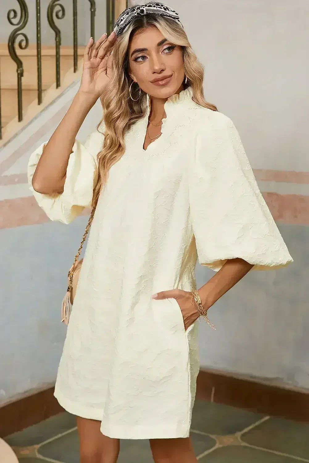 White Floral Textured Frill V Neck Mini Dress - Femstylo