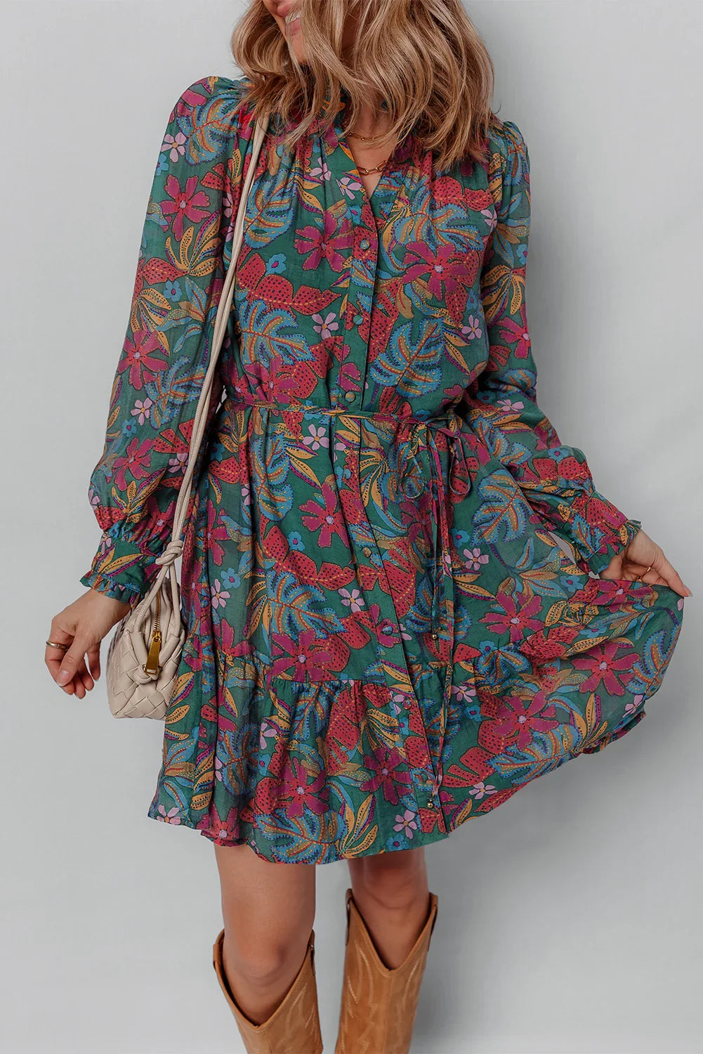 Green Floral Frill V Neck Puff Sleeve Ruffle Mini Dress