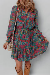 Green Floral Frill V Neck Puff Sleeve Ruffle Mini Dress