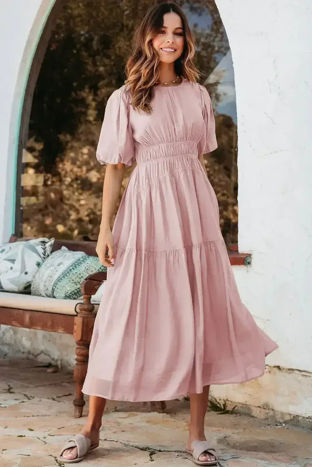 Light Blue Puff Sleeve High Waist Flowy Midi Dress - Femstylo