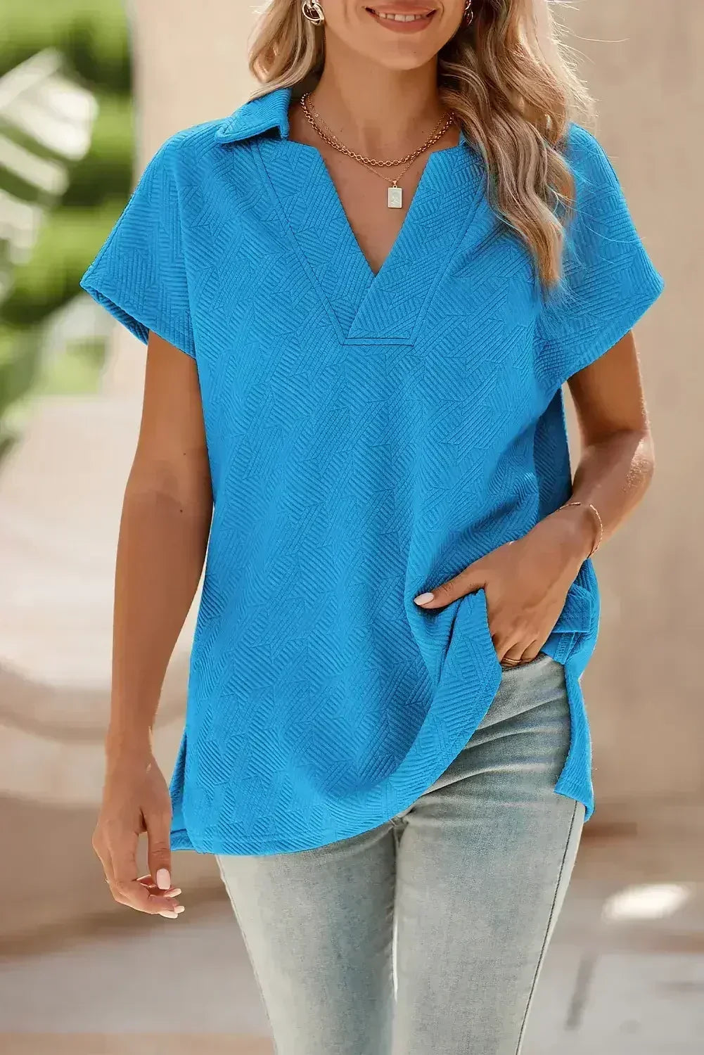 White Textured V Neck Collared Split Hem T Shirt - Femstylo