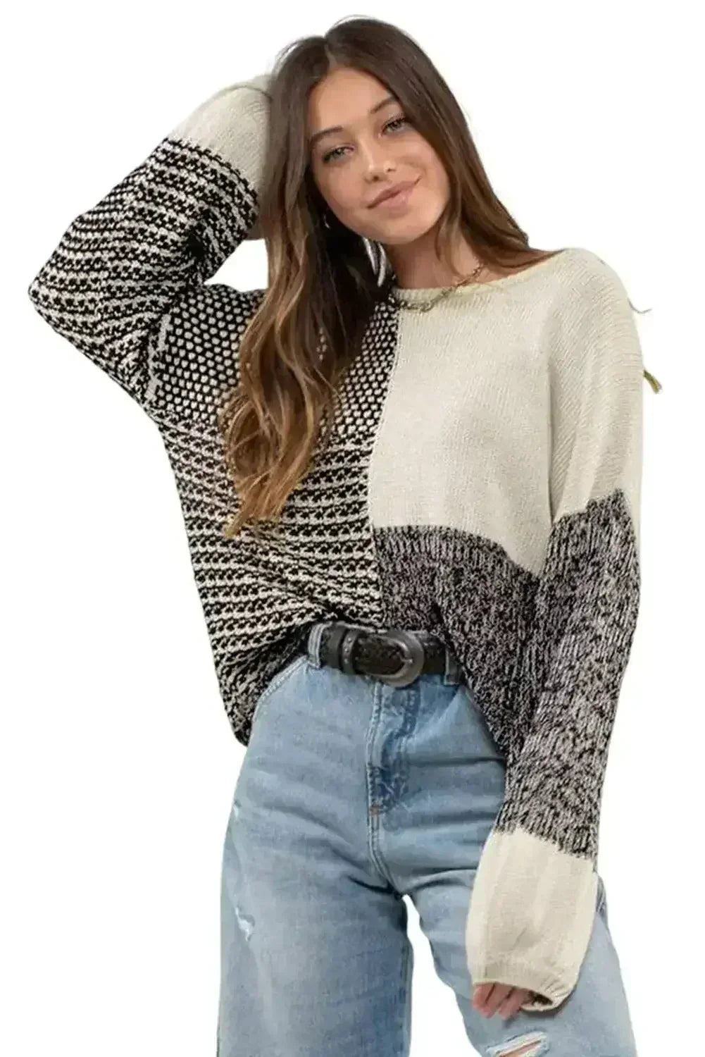 Pink Colorblock Tie Back Drop Shoulder Knit Sweater - Femstylo
