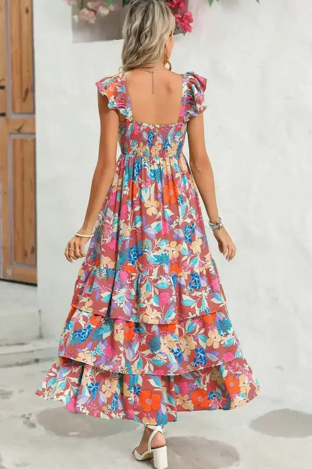 Green Boho Floral Print Ruffle Sleeveless Tiered Maxi Dress - Femstylo