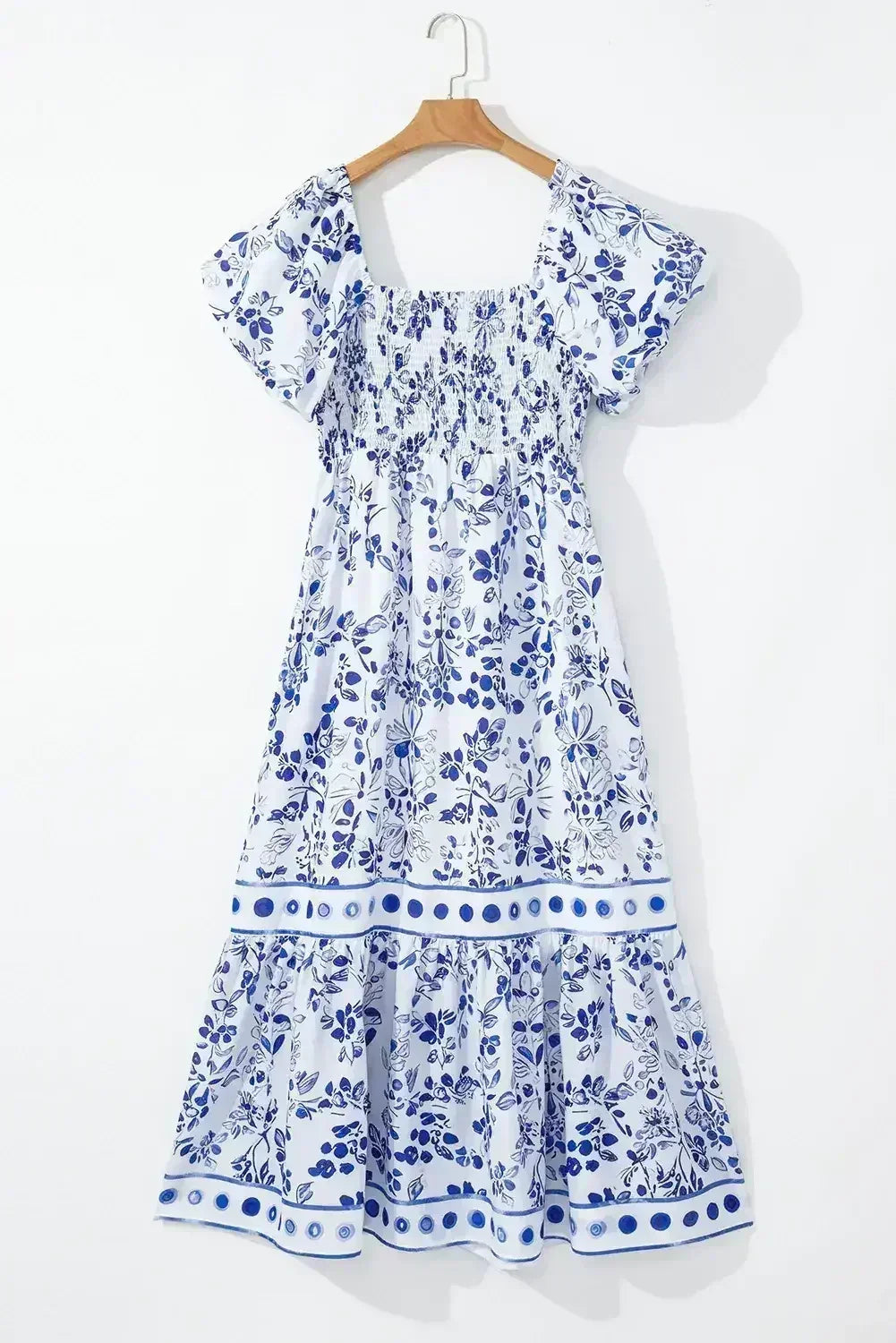 Sky Blue Floral Print Square Neck Bubble Sleeve High Waist Maxi Dress - Femstylo