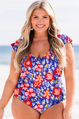 Blue Floral Print Ruffled V Neck High Waist One Piece Swimwear - Femstylo