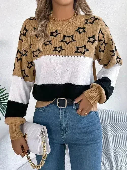 Star Contrast Round Neck Sweater - Femstylo