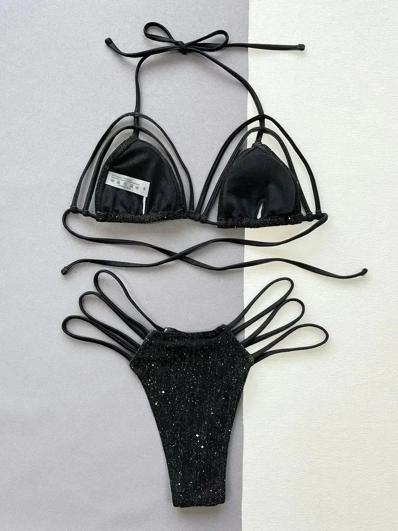 Glitter Halter Neck Strappy Two-Piece Bikini Set - Femstylo