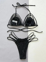 Glitter Halter Neck Strappy Two-Piece Bikini Set - Femstylo