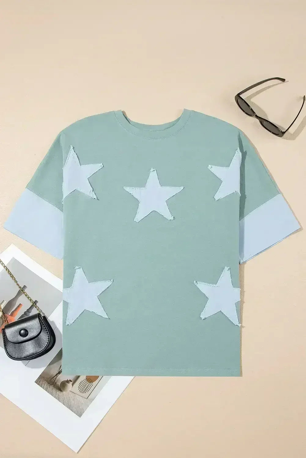Aruba Blue Frayed Star Patched 4th of July Oversize T Shirt - Femstylo