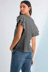Dark Grey Ruffle Sleeve Plain Blouse | Femstylo - Femstylo