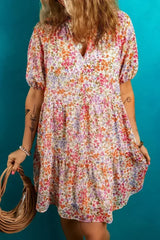 Red Floral Print Notched V Neck Puff Sleeve Tiered Mini Dress - Femstylo