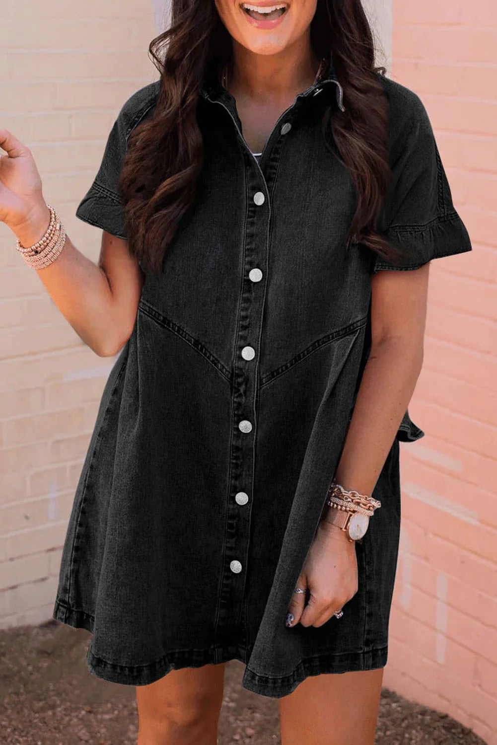 Dark Blue Short Sleeve Button Up Loose Denim Shirt Dress