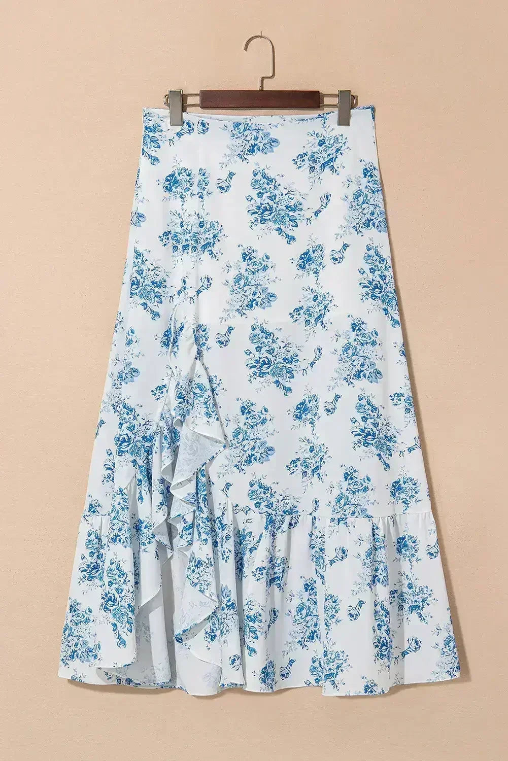 Sky Blue Boho Floral High Waist Ruffle Split Maxi Skirt - Femstylo