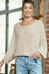 Apricot Solid Color Ribbed Knit 3/4 Sleeve Pullover Sweater - Femstylo
