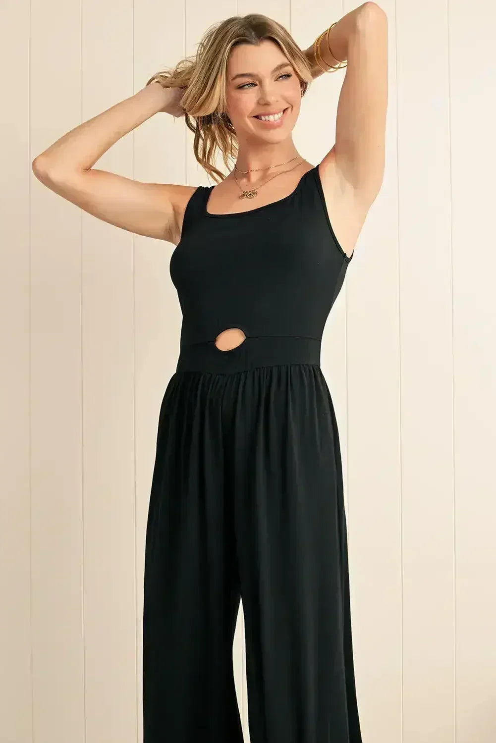 Black Solid Color Cutout Wide Leg Jumpsuit - Femstylo