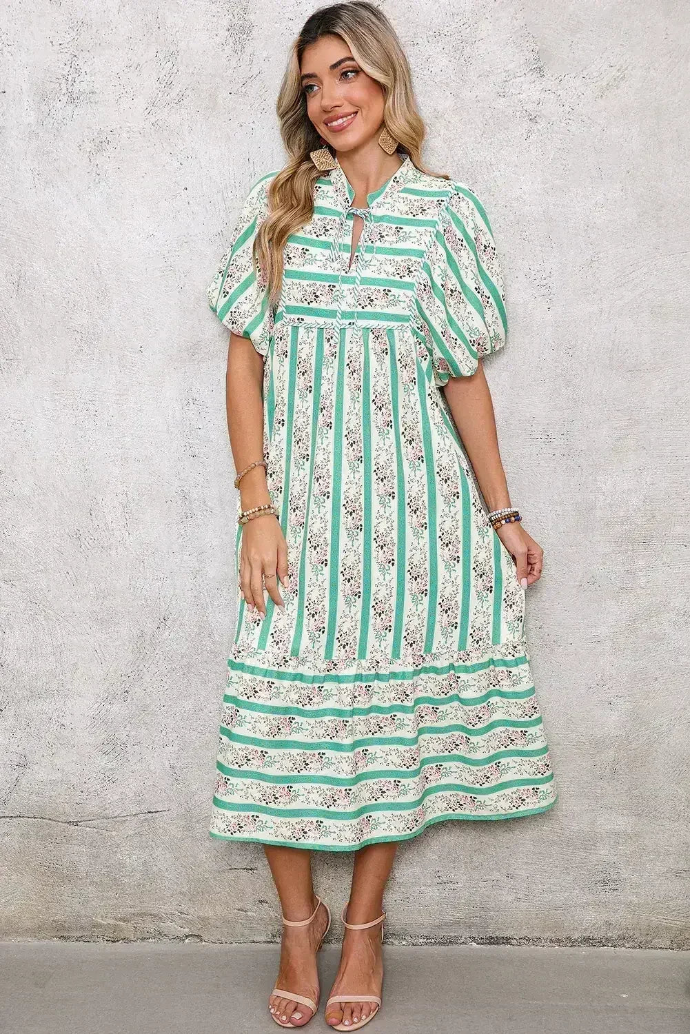 Multicolor Boho Floral Striped Tie V Neck Long Dress - Femstylo