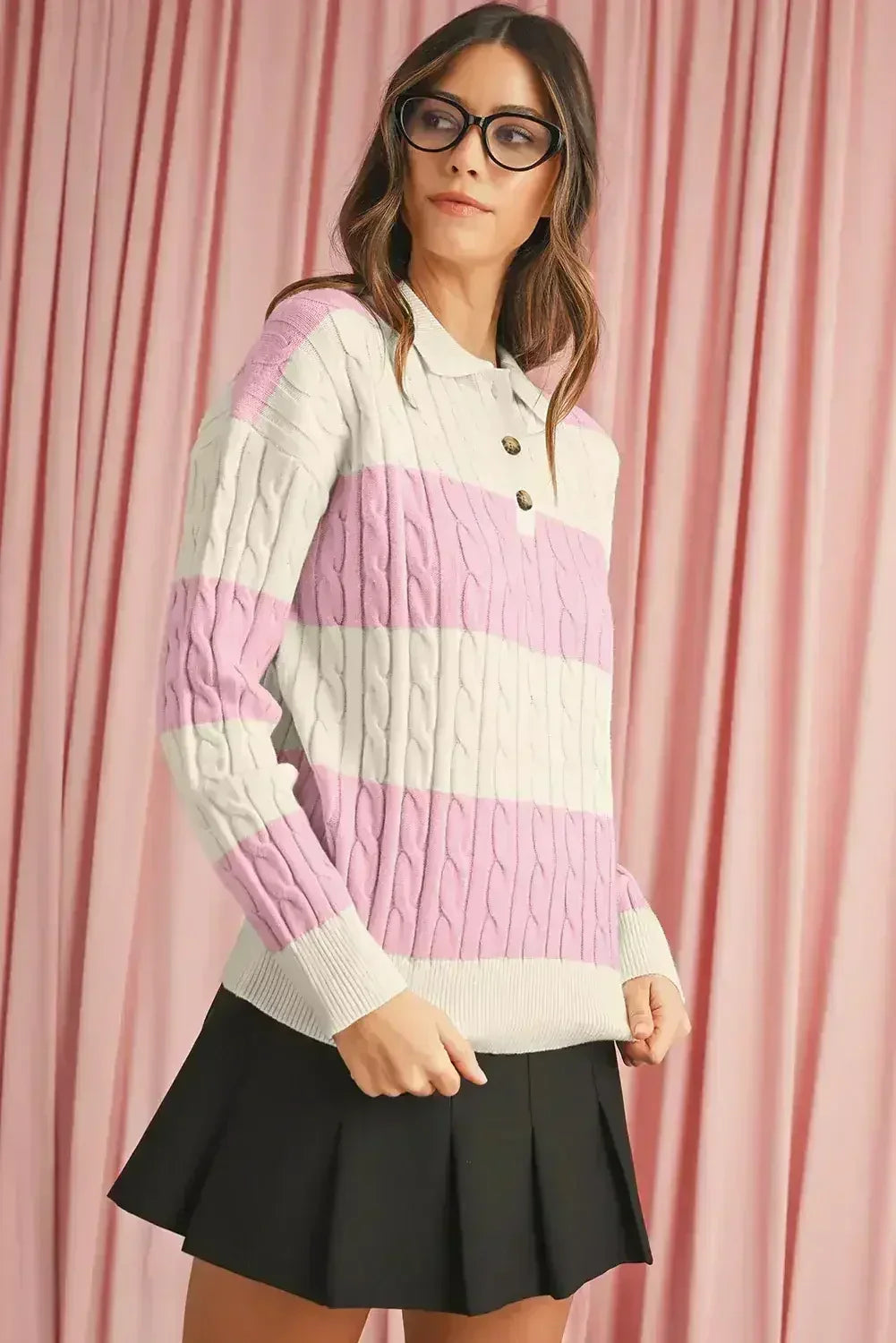 Pink Colorblock Button Collar Twisted Cable Knit Sweater - Femstylo