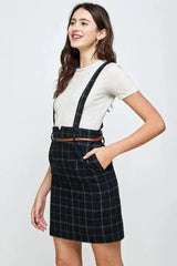 Plaid Suspender Skirt with Belt Detail - Femstylo