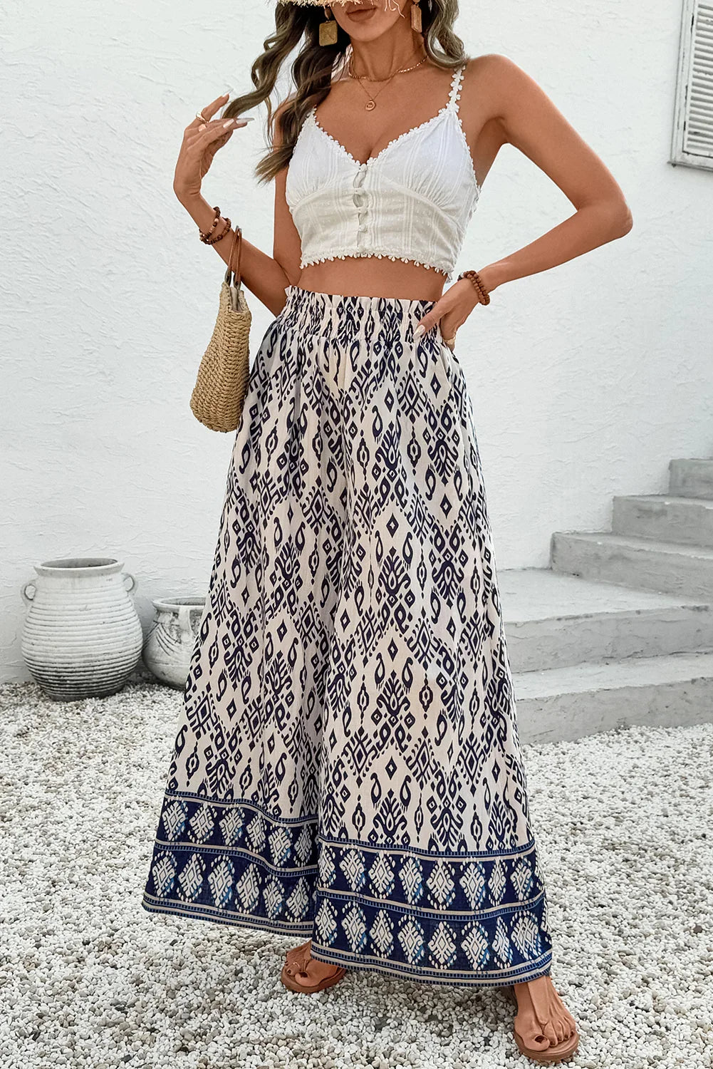 Blue Ethnic Print High Waist Wide Leg Loose Pants