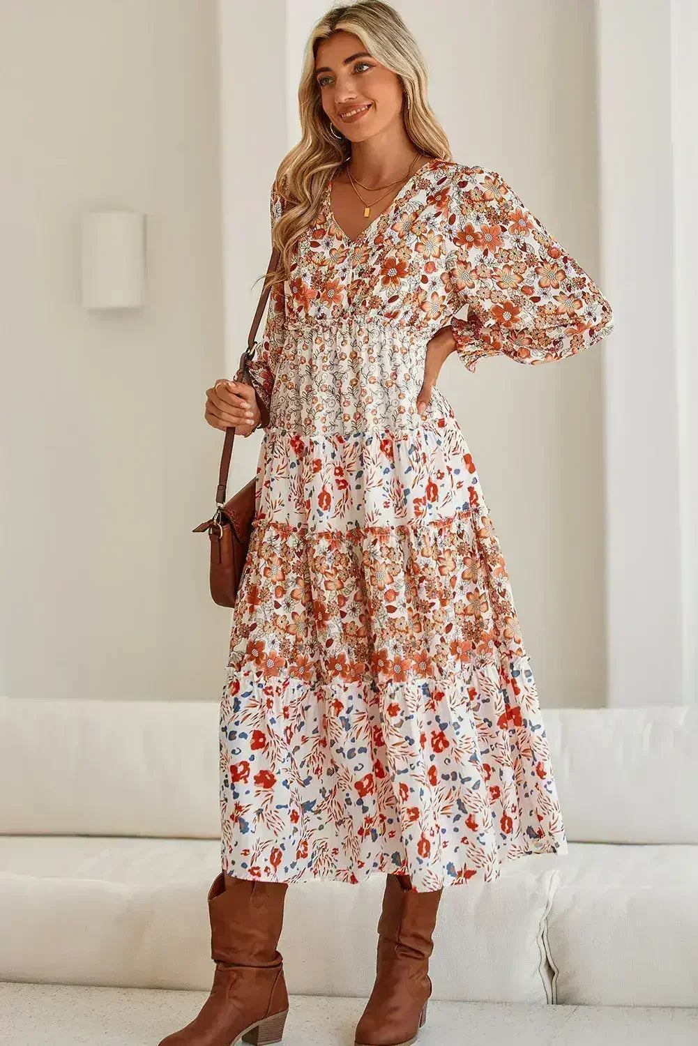 Khaki Floral Print Ruffled Tiered Long Sleeve V Neck Midi Dress - Femstylo